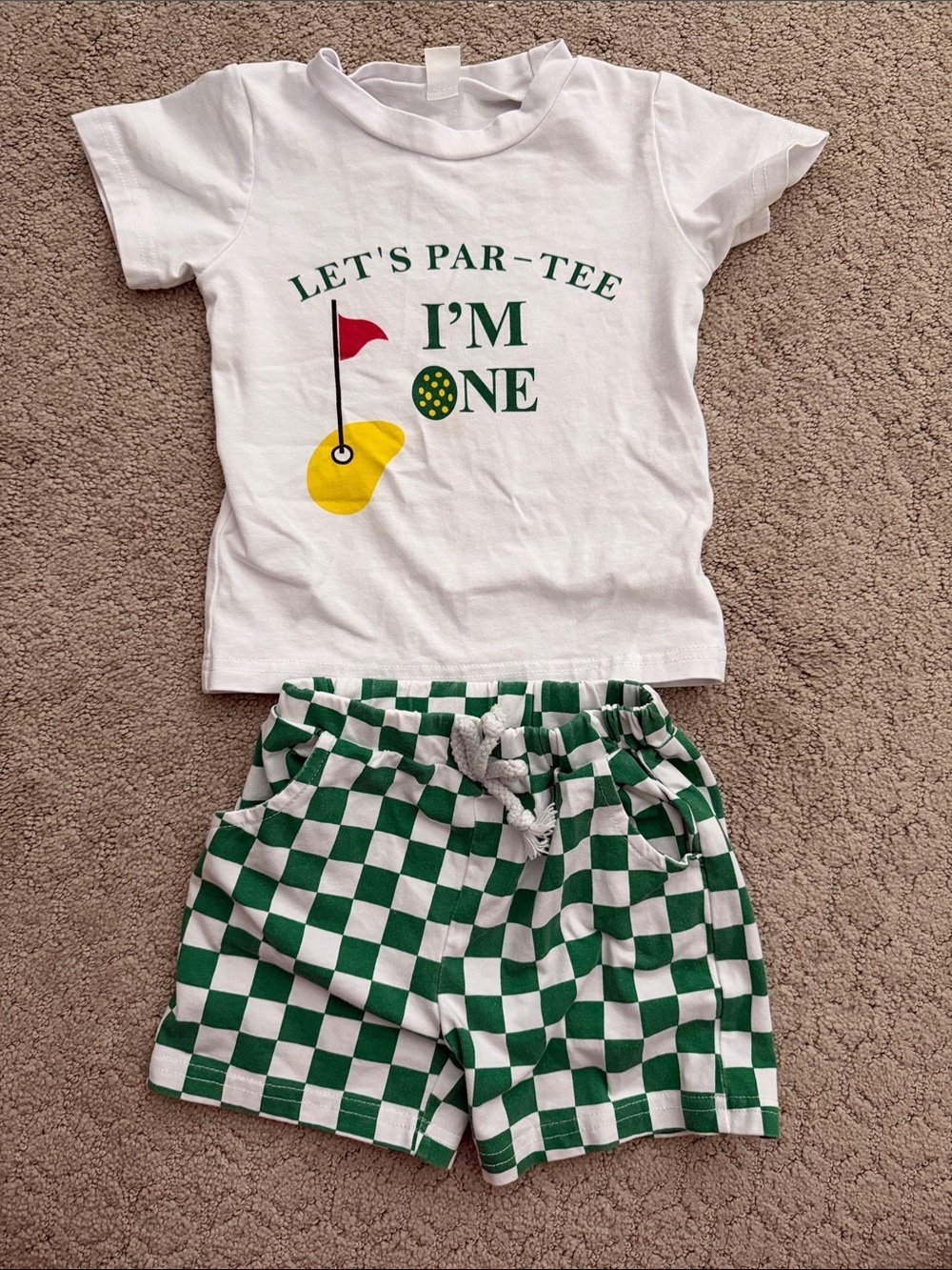Let’s Par-Tee I’m One Golf Tee Shirt and Green Check Shorts Set